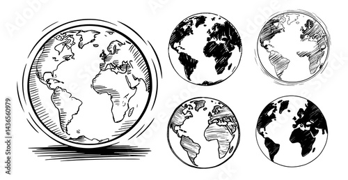 Black and White Hand-Drawn Earth Globe Sketch Collection