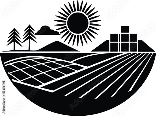 landscape with solar farm and sun silhouette