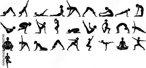 Minimalist Yoga Poses Silhouettes in Black and White for Wellness and Fitness