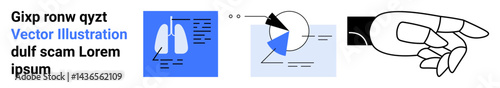 Abstract diagrams include lung anatomy, data pie chart, and a minimalistic pointing hand gesture. Ideal for health, data analysis, education, guidance, medical apps, infographics simple landing page