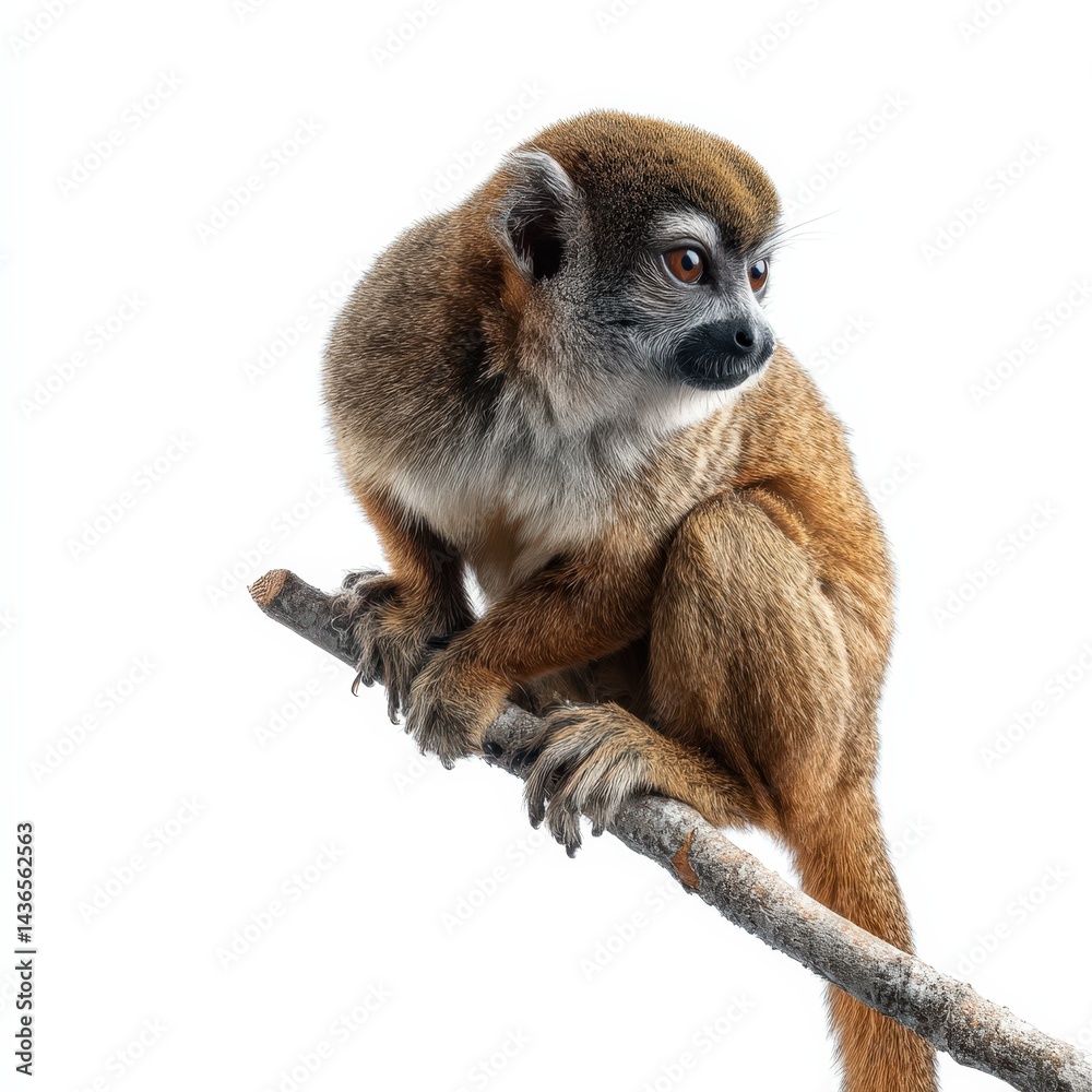 Fototapeta premium Squirrel Monkey Sitting on Branch Isolated on White