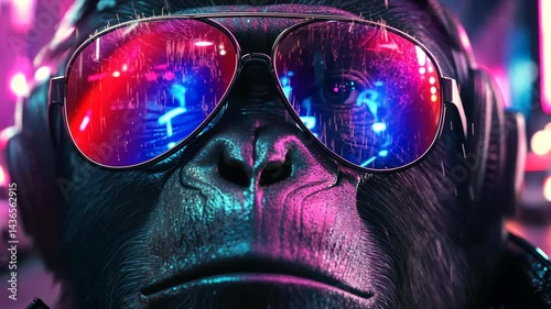 Ape with futuristic sunglasses, neon lights reflected