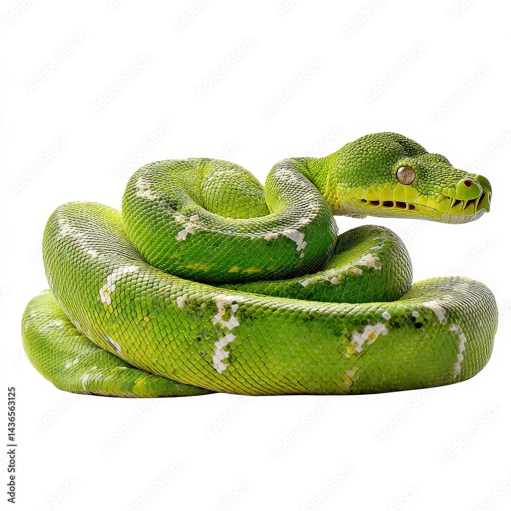 Fototapeta premium Emerald Tree Boa Coiled on White Background.