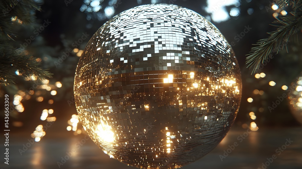 Obraz premium Sparkling Golden Disco Ball Surrounded by Lights in Forest Setting