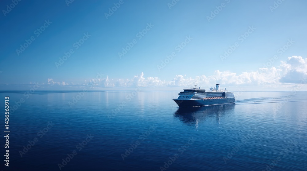 Obraz premium large cruise ship quietly sails on calm ocean under clear blue sky with abundant copy space