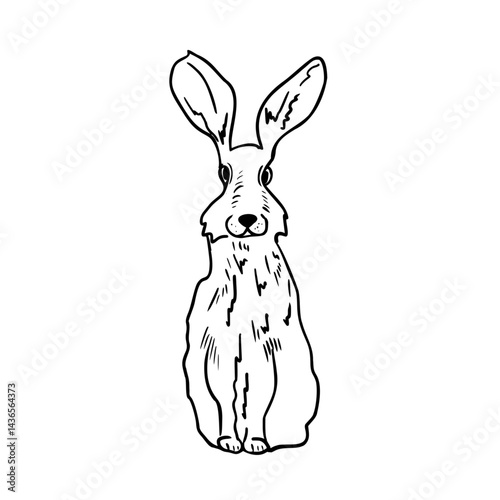 Hare sit black white vector illustration hand drawn. Forest animal long ears graphic sketch for winter and Christmas design. Woodland bunny for Easter packaging, stationery. Rabbit monochrome drawing.