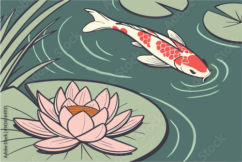 89 Serene koi pond, blooming pink lotus flower, vibrant koi fish swimming, lily pads, reflective water surface, close-up photography, shallow depth of field, tranquil atmosphere, Japanese garden aesth