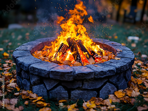 A bonfire burns brightly within a stone fire pit surrounded by autumn leaves