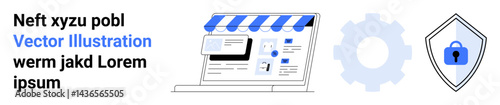 Open laptop with storefront awning, gear icon, and padlock shield imply e-commerce, security, and efficiency. Ideal for online shop setup, cybersecurity themes, and flat landing page banner