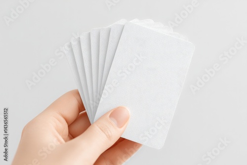 minimalistic image displaying hand holding deck of playing cards against plain white background