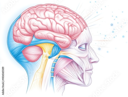 Detailed anatomical illustration of human head, showcasing brain, muscles, and nerves in profile view.  Light rays emanate from the brain