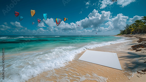 Blank sign on sandy beach turquoise water kitesurfing in background