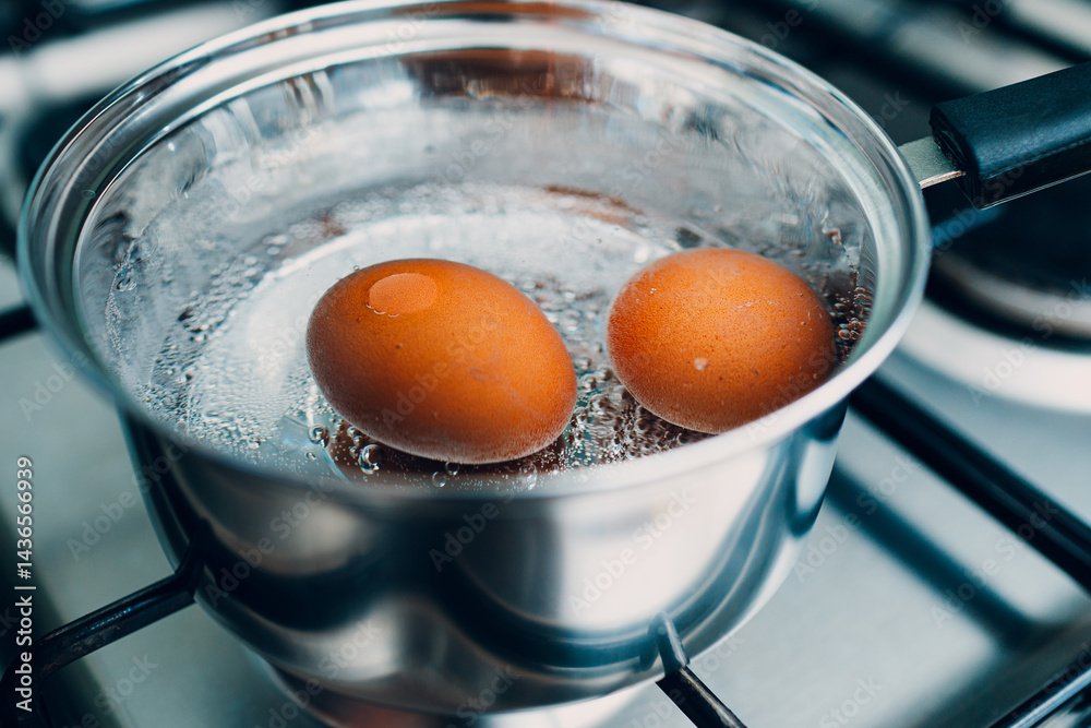 Saucepan stainless steel with boiling eggs breakfast in a water on a gas stove.