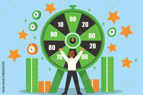 Man with casino. Young guy stands near multicolored roulette wheel. Game for luck and fortune. Person with gambling. Winner with prize. Linear vector illustration