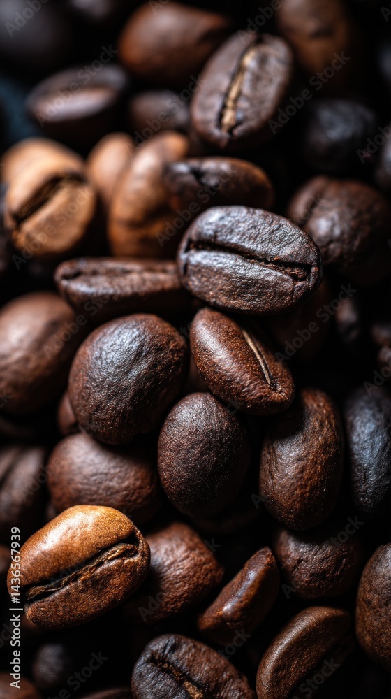 Naklejka premium roasted coffee beans pile with rich brown texture, close-up of aromatic coffee beans with soft, directional lighting, concept of coffee shops, cafes, food industry