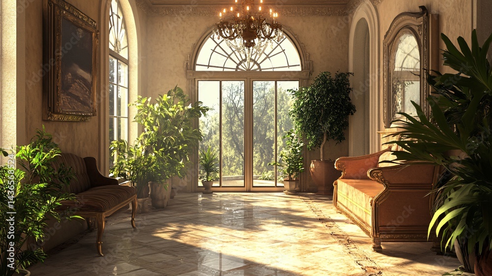 Fototapeta premium Luxury Interior Hallway with Large Windows for Elegant Home Decor