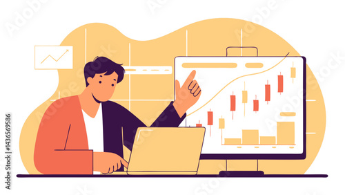 A business team of people, including a woman and a businessman, are working on a laptop at a desk in the office, communicating and getting work done, as depicted in a vector art illustration