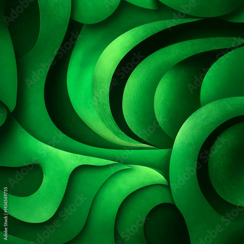 Abstract green textured background with intricate curves. A striking abstract background featuring deep emerald green curves and textured surfaces.