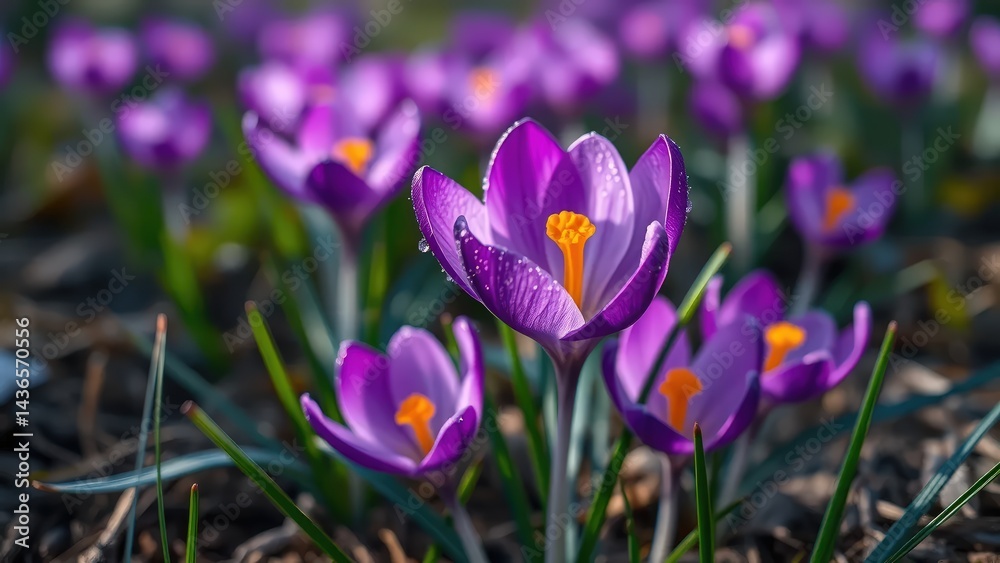 Fototapeta premium Purple Crocus Flowers in Full Bloom 