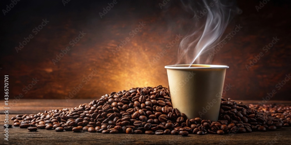 Aromatic Steam Rising from a Cup of Coffee Nestled Amongst a Bountiful Pile of Roasted Coffee Beans on a Rustic Wooden Surface