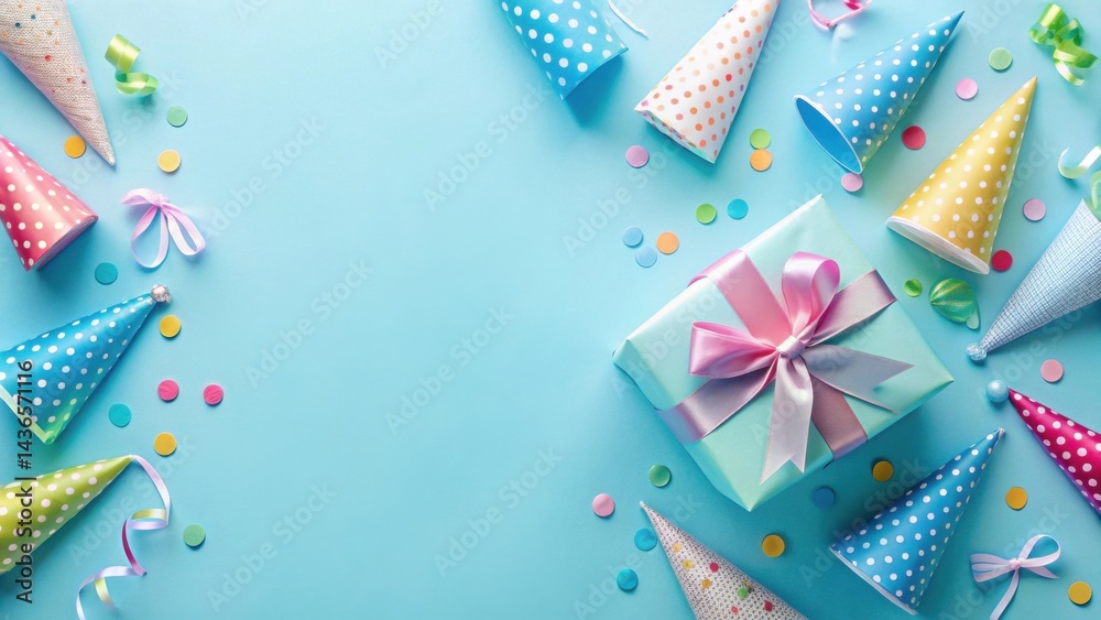 Pastel Party Celebration A Festive Gift and Colorful Party Hats Surrounded by Confetti and Ribbons on a Light Blue Background Pastel Party Celebration A Festive Gift and Colorful Party Hats Surrounded by Confetti and Ribbons on a Light Blue Background
