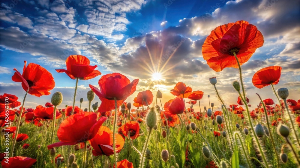 Fototapeta premium Vibrant Red Poppies Bask in the Golden Glow of a Sunset, a Stunning Display of Nature's Beauty in a Field of Blooming Flowers