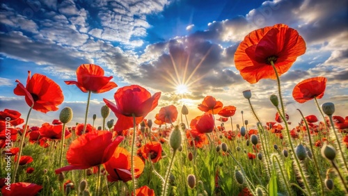 Vibrant Red Poppies Bask in the Golden Glow of a Sunset, a Stunning Display of Nature's Beauty in a Field of Blooming Flowers
