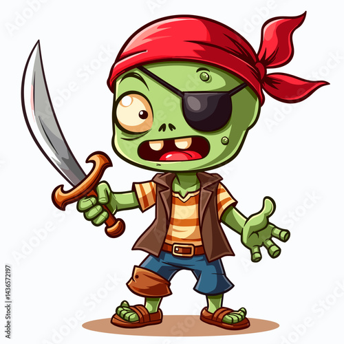 Little zombie pirate with a tiny sword and eyepatch