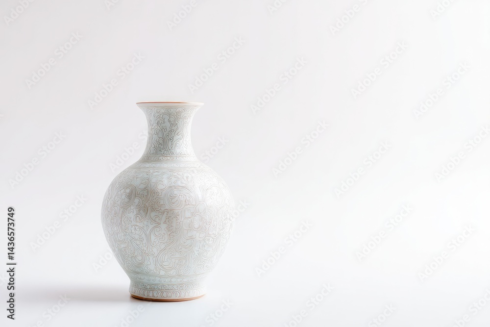ornate ceramic vase showcasing intricate decal patterns sits isolated on pristine white background ornate ceramic vase showcasing intricate decal patterns sits isolated on pristine white background