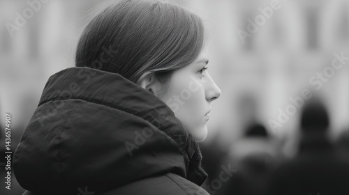 capture striking contrast with foreground subject against blurred background of people to emphasize dichotomy offering