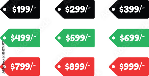 Nine Colorful Price Tags 199 to 999 dollars with Various Dollar Amounts in a Grid, EPS 10.