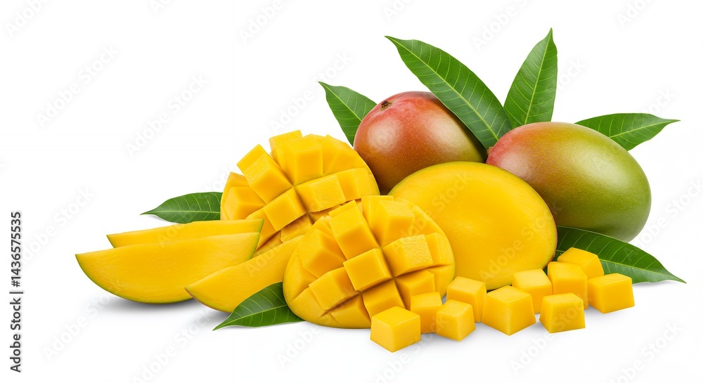 Ripe Mangoes with Green Leaves and Cubes Ripe Mangoes with Green Leaves and Cubes