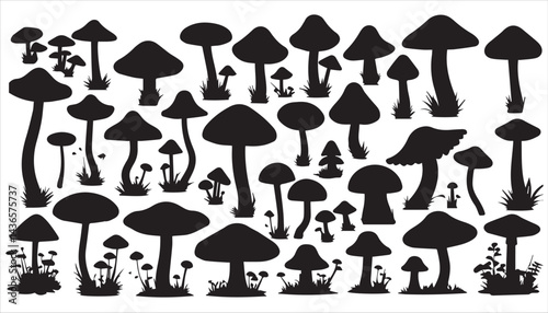 A vector set of nature silhouettes shows trees, fungus-like mushrooms, and toadstools in a forest illustration