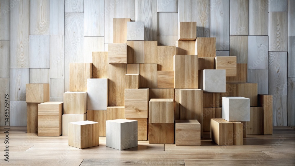 Abstract Composition of Wooden Cubes and Blocks Against a Light Wood Panel Background Abstract Composition of Wooden Cubes and Blocks Against a Light Wood Panel Background