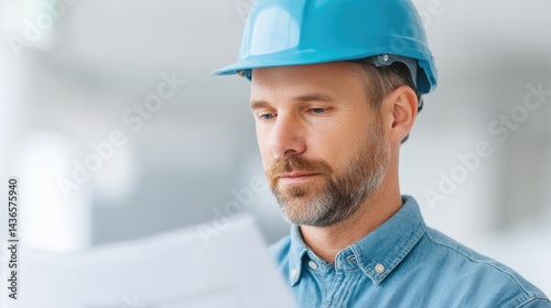 electrician thoughtfully examining blueprints work gear on blurred background for depth