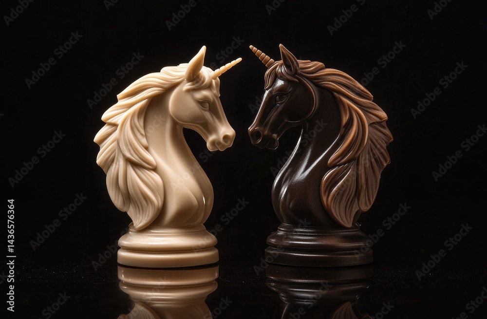 Fototapeta premium Beige and Brown Unicorn Chess Pieces on Black Reflective Surface
