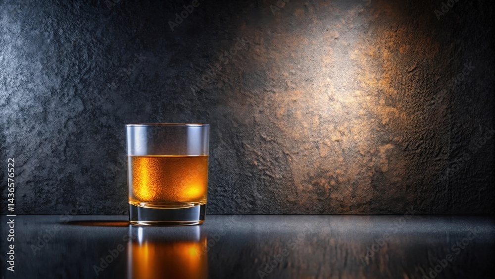 A single rocks glass of amber liquid sits on a dark reflective surface against a textured backdrop