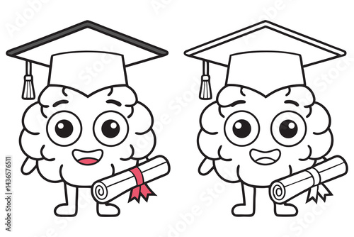 Cartoon Brain Character Wearing Graduation Cap and Holding Diploma Scroll, Isolated