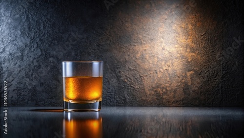 Obraz na płótnie A single rocks glass of amber liquid sits on a dark reflective surface against a textured backdrop w salonie