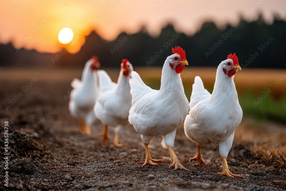 Fototapeta premium Chickens walking along a dirt path at sunset in a rural landscape