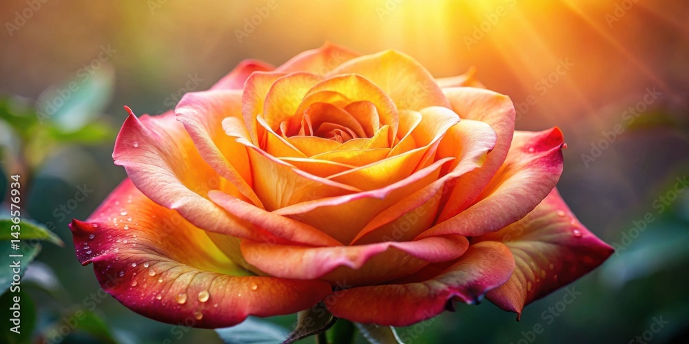 A vibrant, sunlit rose with dew drops on its petals, showcasing a spectrum of warm colors from deep red to golden yellow