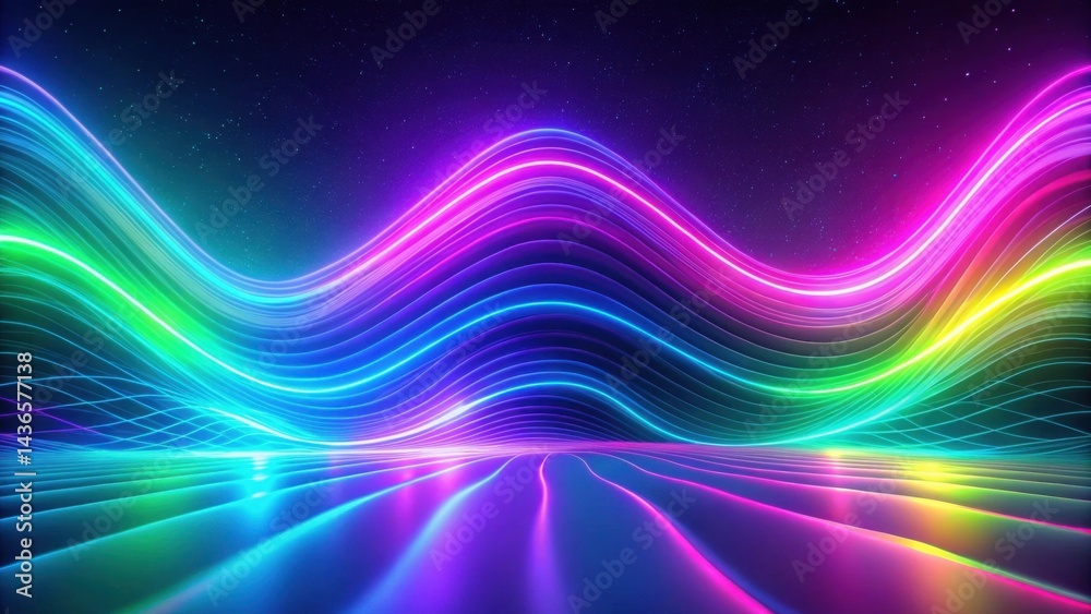 Abstract Cosmic Wavescape Vibrant Neon Lines Flowing Across a Reflective Surface Under a Starry Sky