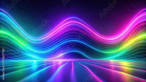Obraz na płótnie Abstract Cosmic Wavescape Vibrant Neon Lines Flowing Across a Reflective Surface Under a Starry Sky w salonie