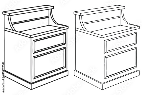 Nightstand Outline Illustration, Two Drawers, Classic Style Furniture, Isolated Line Art