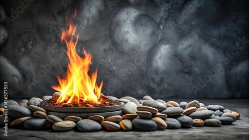 Obraz na płótnie Serene Flames Dance Amidst Smooth River Stones, Embracing a Rustic Hearth in a Dark and Textured Setting w salonie