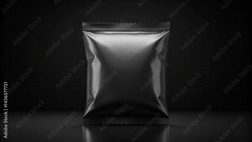 A sleek, dark, and unbranded flexible pouch stands alone against a pitch-black backdrop, ready for customization and product placement.