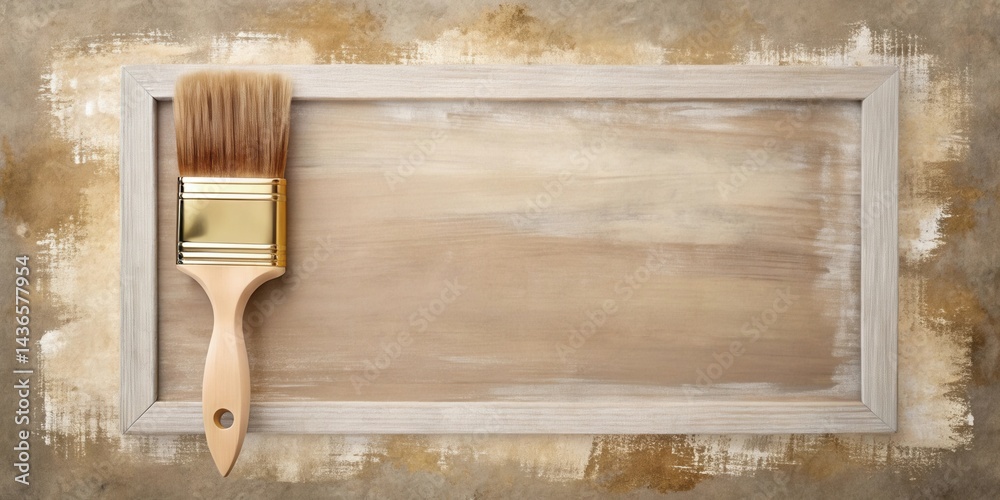 A paintbrush rests beside a rustic wooden frame, offering a blank canvas for creative expression and artistic endeavors