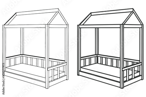 Two outlined wood bed structures with a roof on a transparent backdrop
