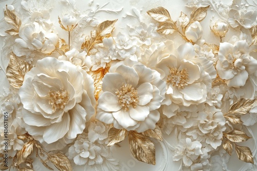Elegant white floral design with golden leaves in detailed artwork