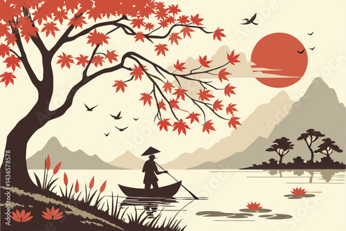 92 Japanese landscape, tranquil lake, vibrant red maple tree, silhouette of person in conical hat, rowing boat, lotus flowers, misty mountains, large setting sun, orange sky, reflections on water, min